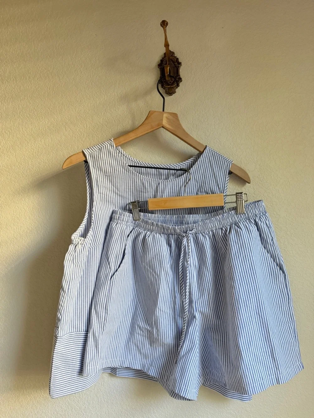 Amazon Blue and White Striped Sleeveless Top and Shorts Set